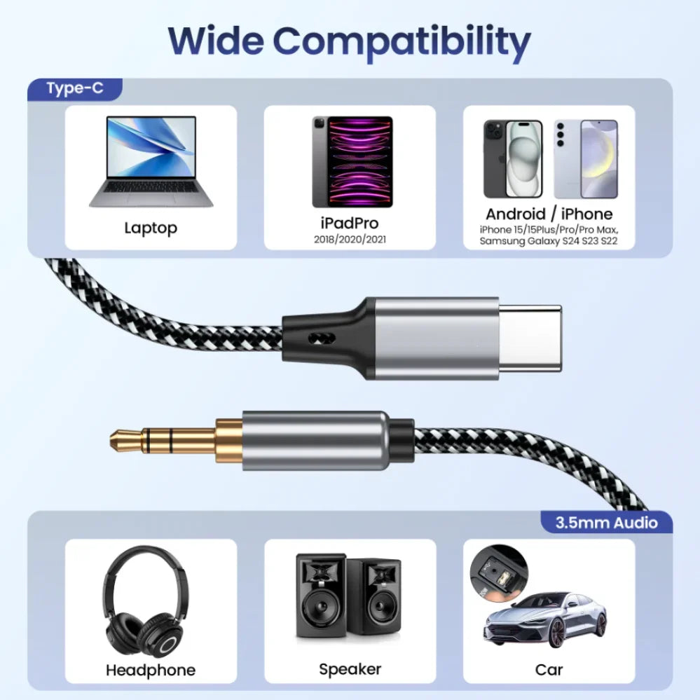 1m 1.5m 2m USB Type C To 3.5Mm Jack AUX Cable for Phone Headphones Car HIFI