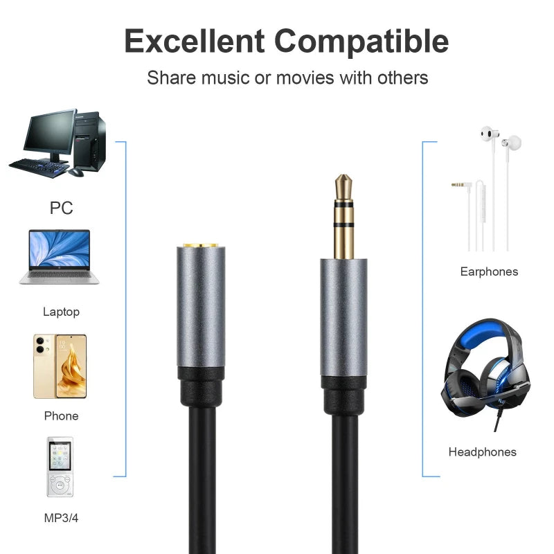 Metal Shell Gold Plated Stereo Trs 3.5mm Male To Female Extension Cable Cord